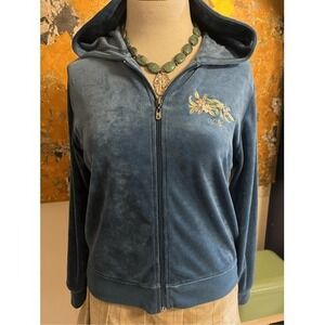 BCBG Blue Velour Sequined Beaded & Embroidered Hoodie XL